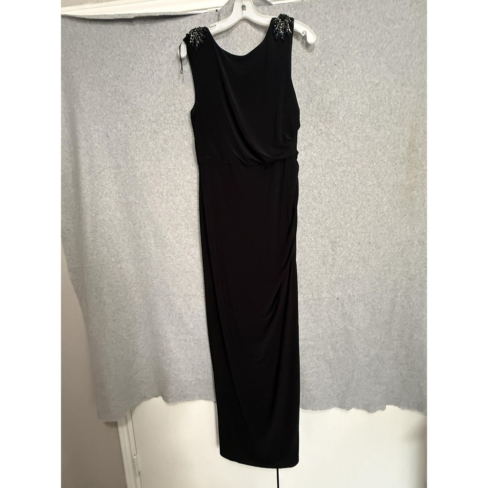 Papell Studio Dress Womens 12 Black Beaded Cowl Neck Ruched Maxi Formal Gown